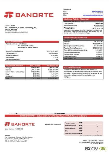 Modèle Word et PDF de relevé hypothécaire de Banorte au Mexique